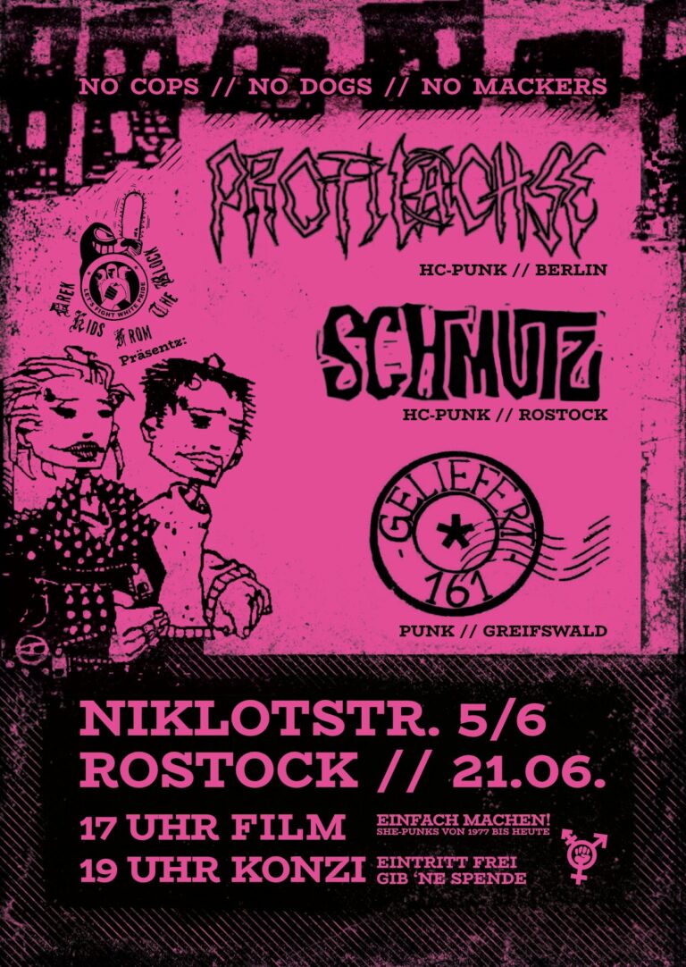 Konzertflyer mit Logos der Bands und Datum, Uhrzeit Infos zum Film "Einfach Machen - She-Punks von 1977 bis heute"