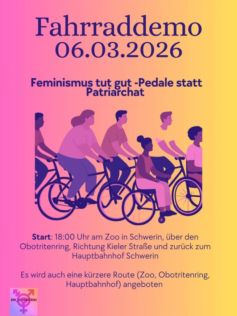 Sharepic für Pedale statt Patriarchat - Fahrraddemo am 06.03.2026 in Schwerin zu sehen sind menschen auf Fahrrädern in der Mitte