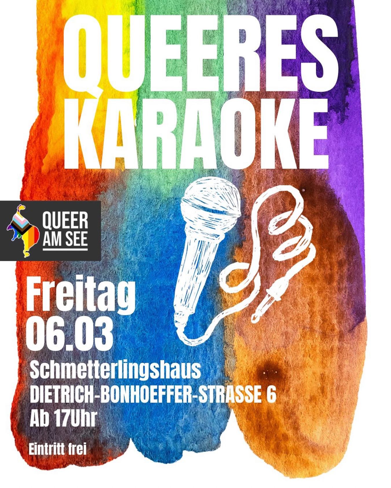Buntes Sharepic für Queeres Karaoke bei Queer am See mit einem Microfon und Pride-Farben im Hintergrund