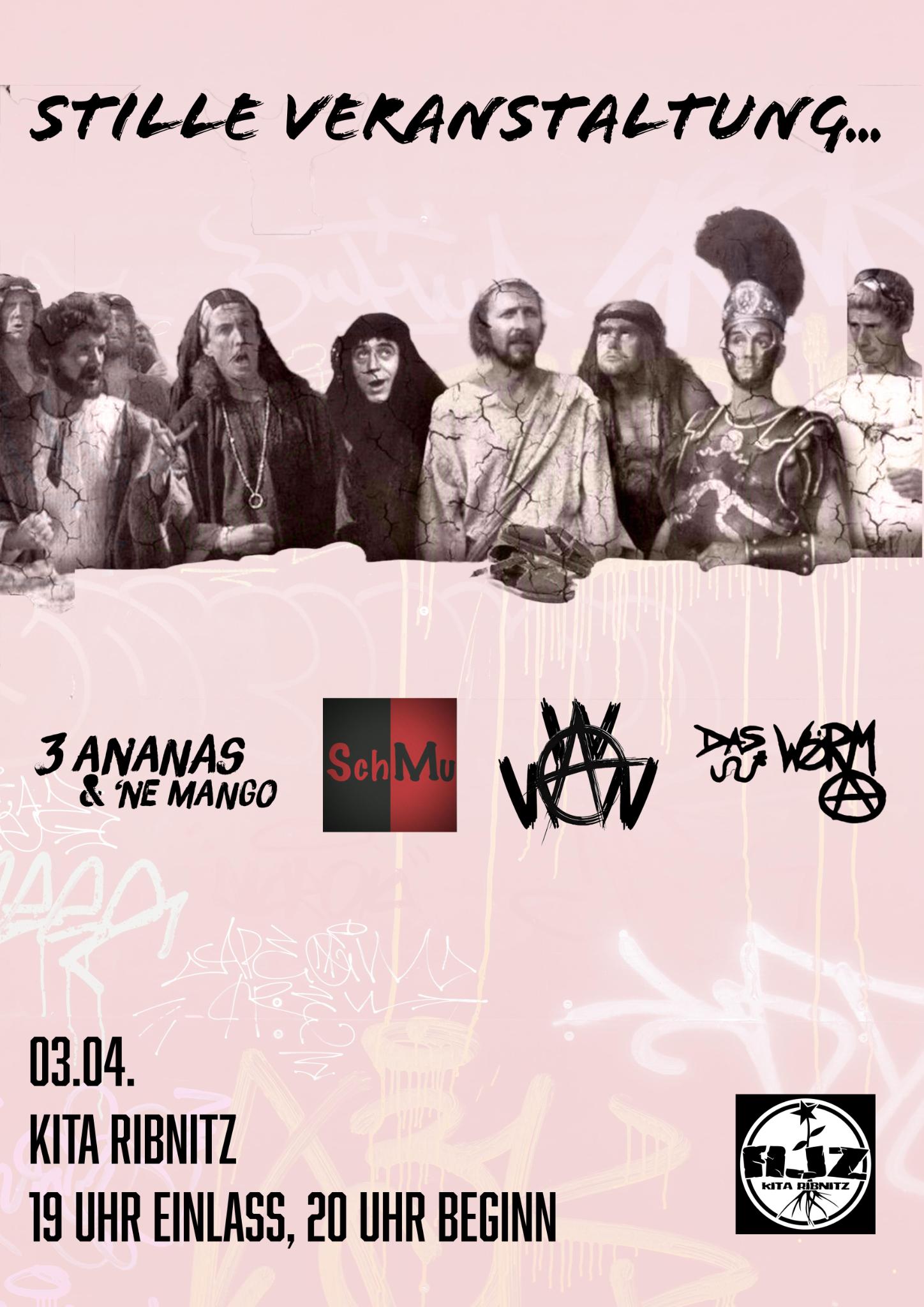 Eine Bilderreihe mit historischen Fotografien von Menschen, darunter die Logos der Bands