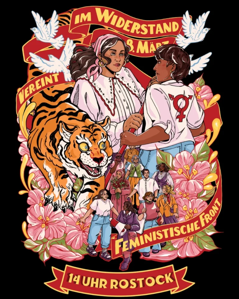 Plakat für die Vereint in Widerstand 8 März Demo ab 14 Uhr. Zu sehen sind viele Darstellungen protestierender Personen mit feministsichen Symbolen und einem Tiger