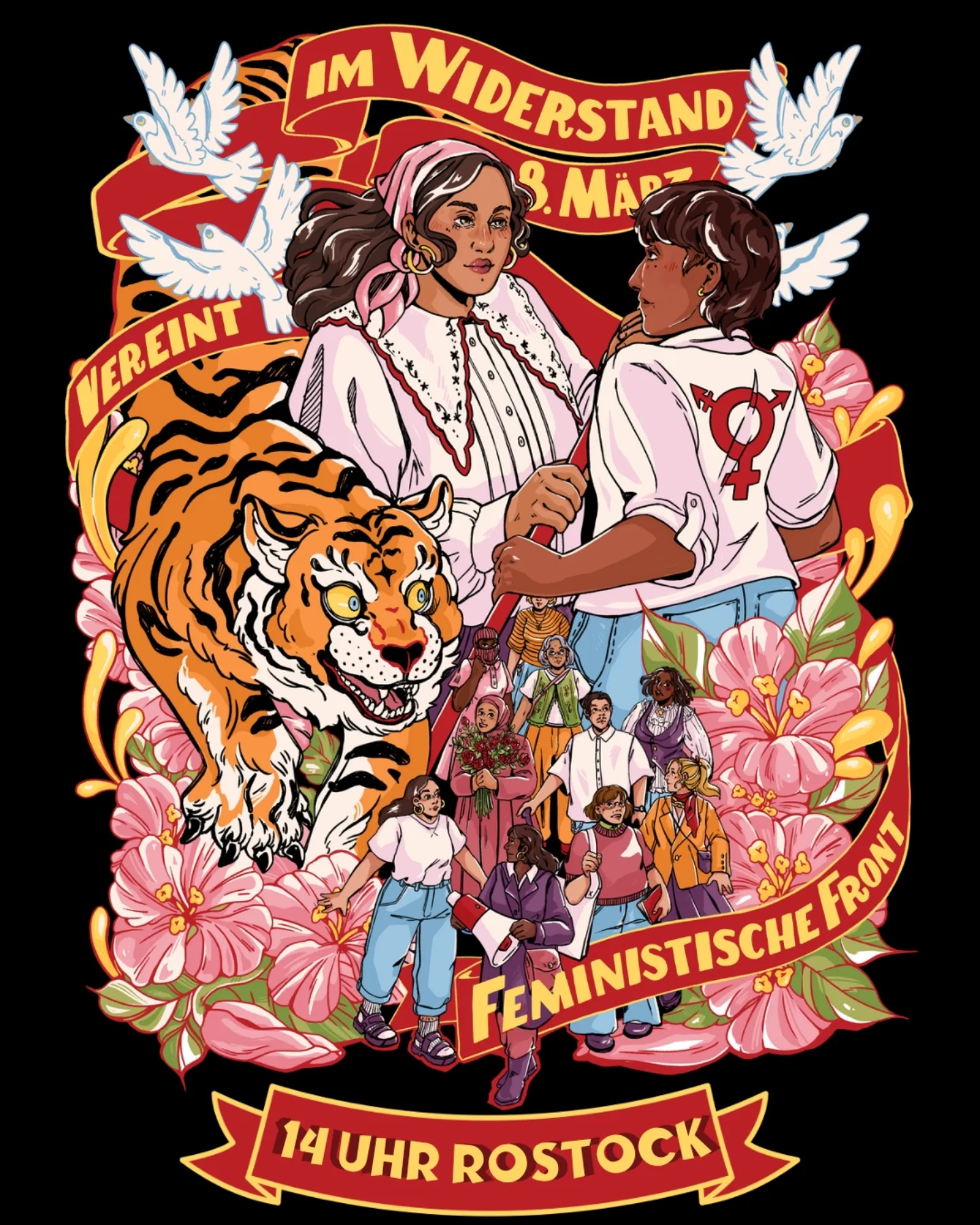 Plakat für die Vereint in Widerstand 8 März Demo ab 14 Uhr. Zu sehen sind viele Darstellungen protestierender Personen mit feministsichen Symbolen und einem Tiger