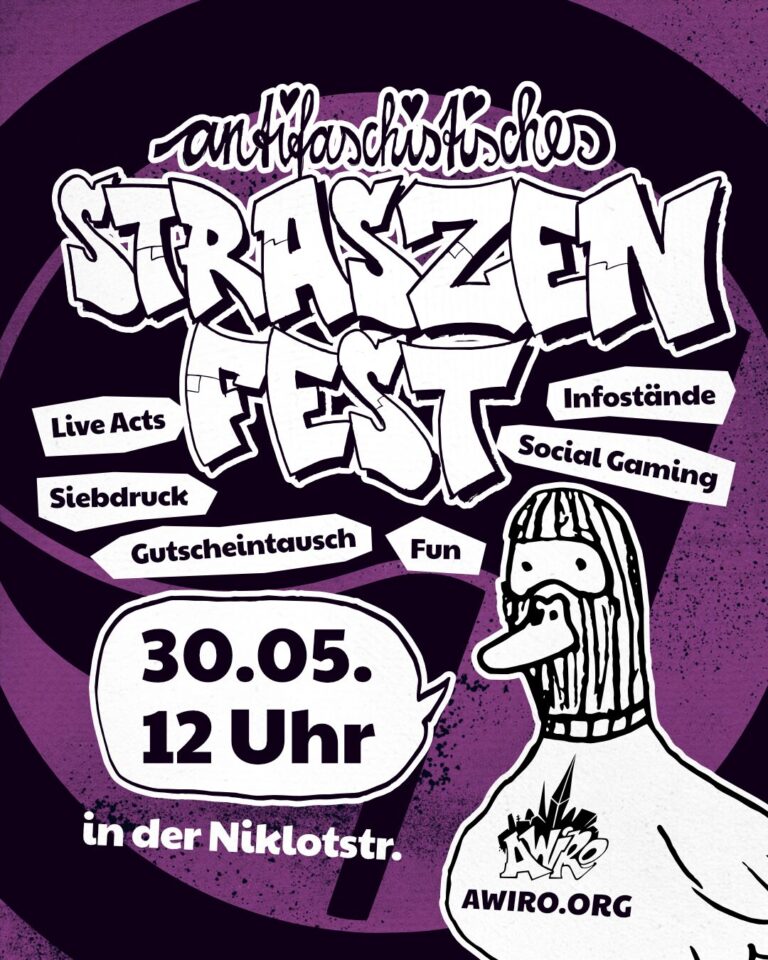 Sharepic für das Straßenfest mit Infos zum Datum und Uhrzeit daneben ist ein gezeichneter Vogel mit einer Sturmhaube zu sehen, darauf ein Logo von Awiro
