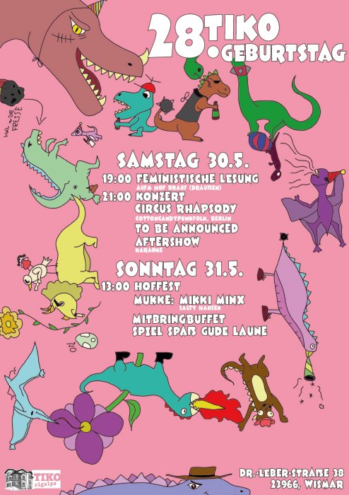 Flyer vom Tikozigalpa Geburtstag 2026 mit bunten Dinosauriern um die Infos herum auf pinken Hintergrund
