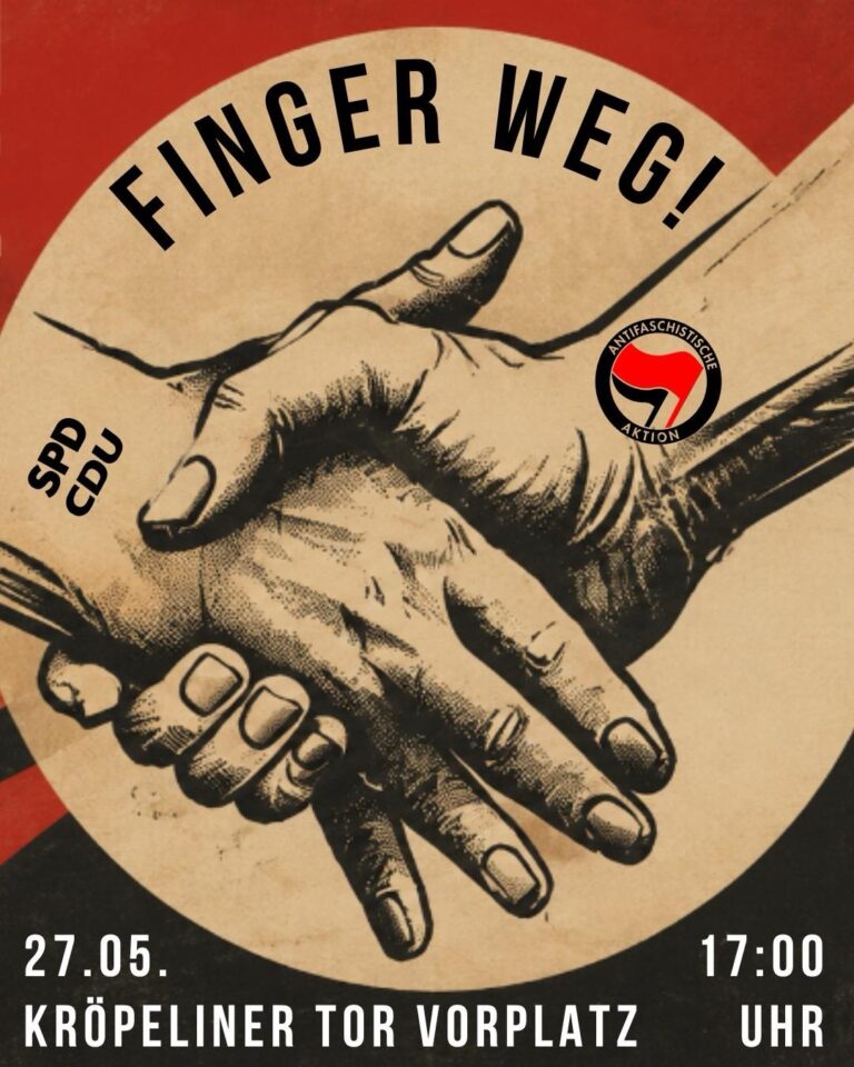 Demo Aufruf, eine Hand drückt eine eine andere Hand. auf der drückenden Hand ist ein Antifa Symbol zu sehen und auf der zerdruckten Hand sind Parteien drauf geschrieben