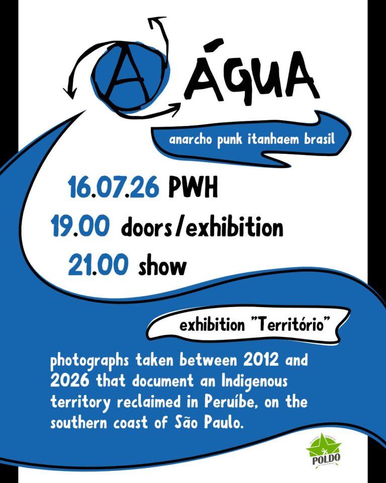 ein blau/schwarzes Anarchie Zeichen daneben Agua anarcho punk itanhaem brasil darunter die Daten wann und wo die Veranstaltung ist darunter eine Welle in der ein Beschreibungstext steht