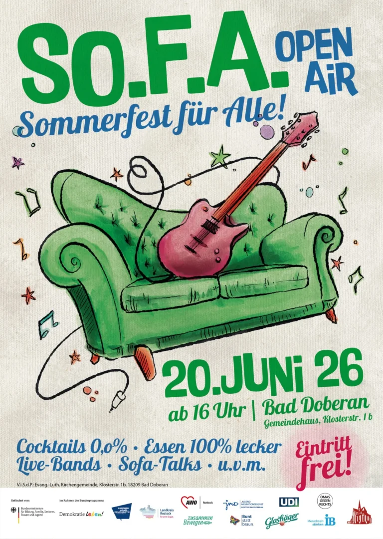 Plakat mit einem grünes Sofa auf dem eine Gitarre liegt, darum herum verspielte Schrift