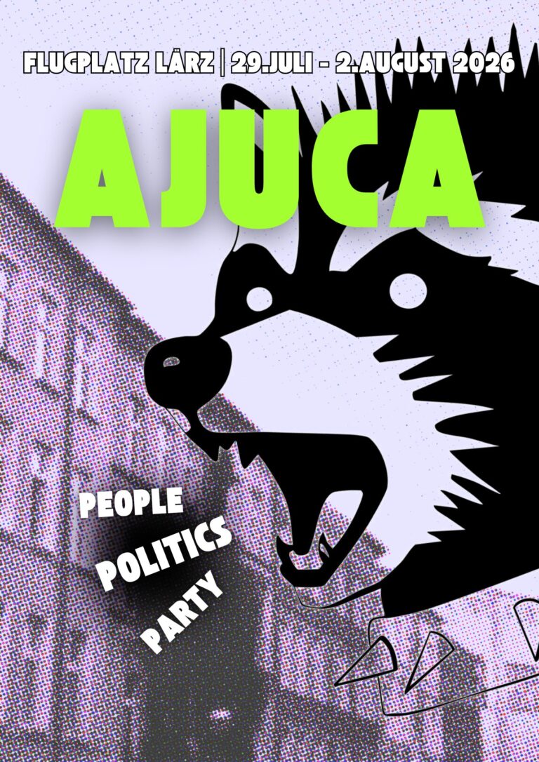Das aktuelle Poster des Ajuca 2026 mit grüner Überschrift und einem stilisierten Waschbären der Poeple Party Politics schreit