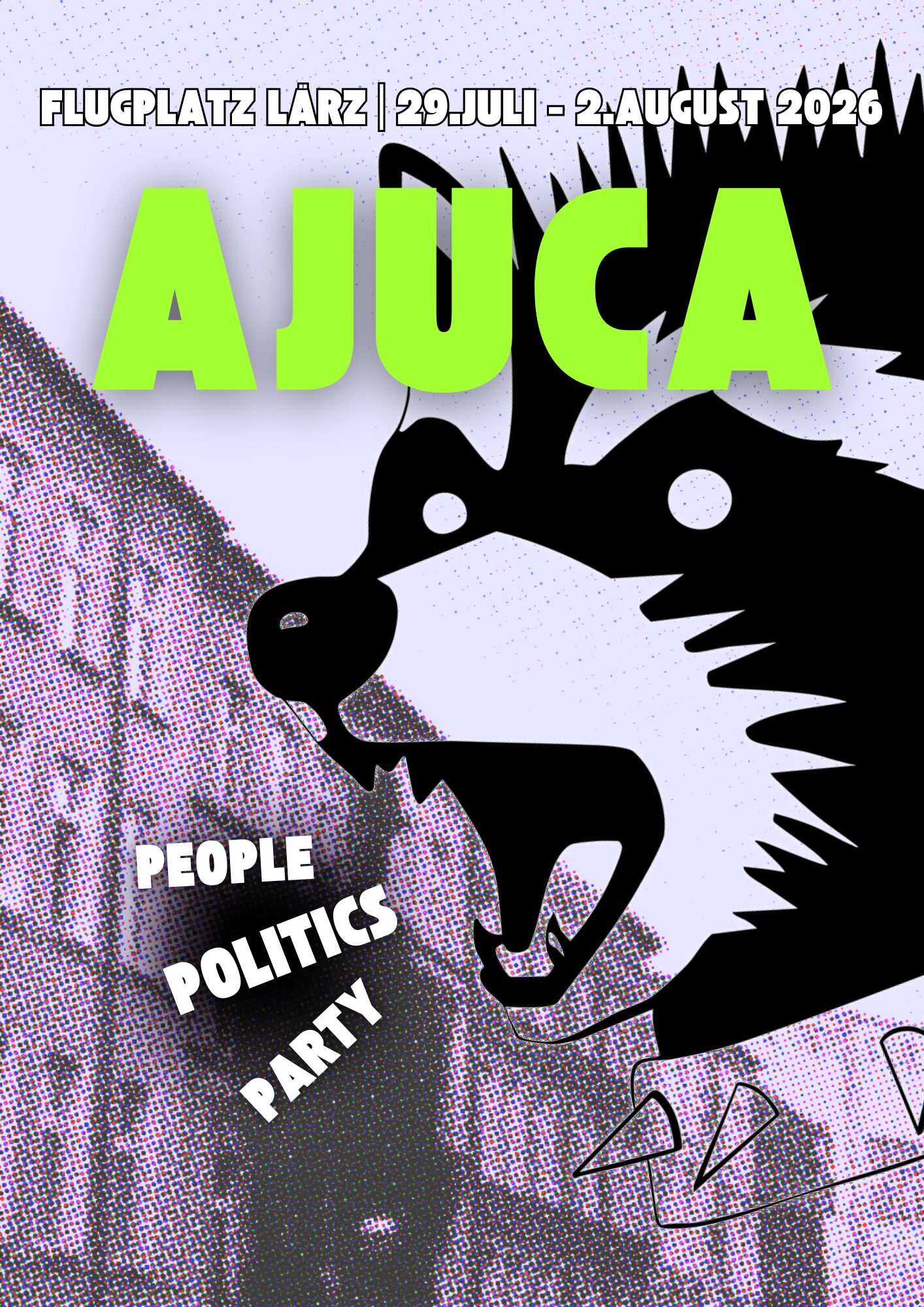 Das aktuelle Poster des Ajuca 2026 mit grüner Überschrift und einem stilisierten Waschbären der Poeple Party Politics schreit