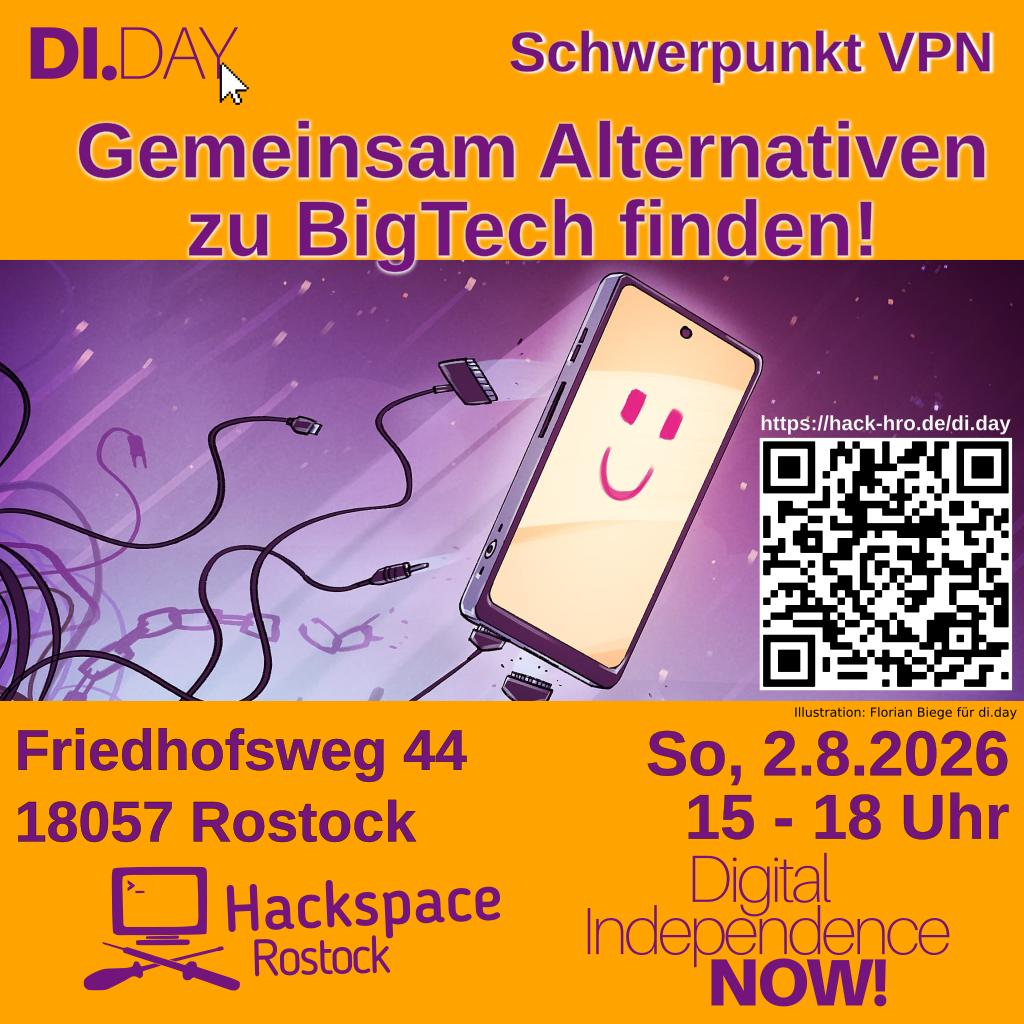 DiDay Sharepic mit einem fliegenden Handy das sich von Kabeln befreit. rechts daneben ist ein QR Code der zur Website von hackspace hro führt