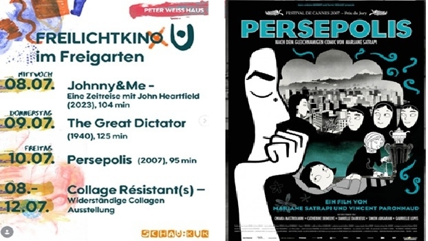 Sharepic für Freilicht Kino im Freigarten, rechts ins ein Filmposter für Persepolis zu sehen