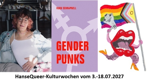 Gender Punks HanseQueer Kulturwochen Rostock mit einem Foto von Nane Diehl und Trans Queer Pride Illustrationen