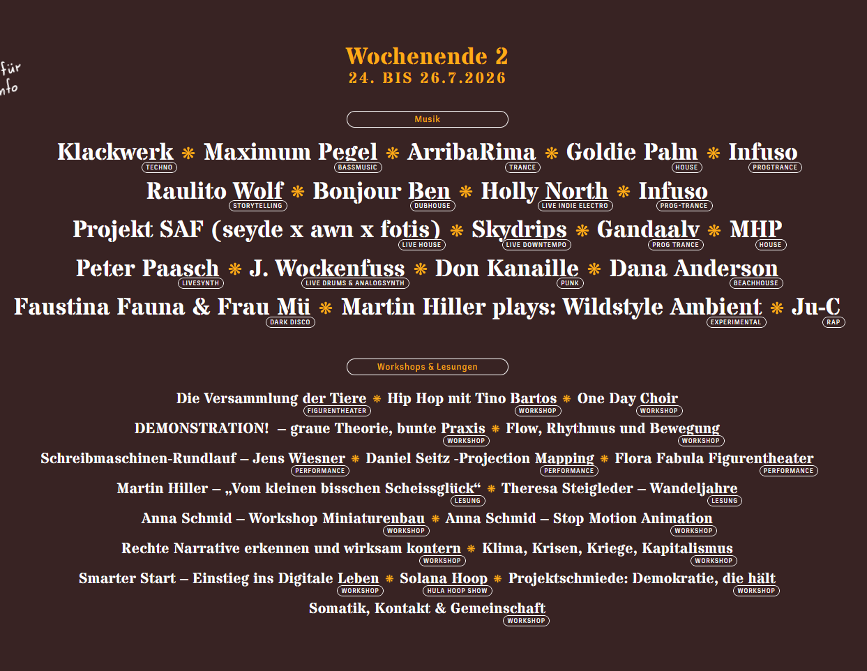 Lineup und Workshops, Wochenende 2