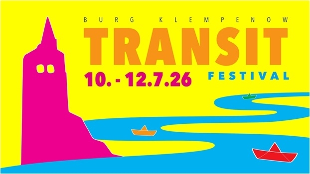 Sehr buntes Sharepic für das Transit Festival links ist ein Burgturm angedeutet und in der Mitte eine Fluss auf dem bunte Boote fahren