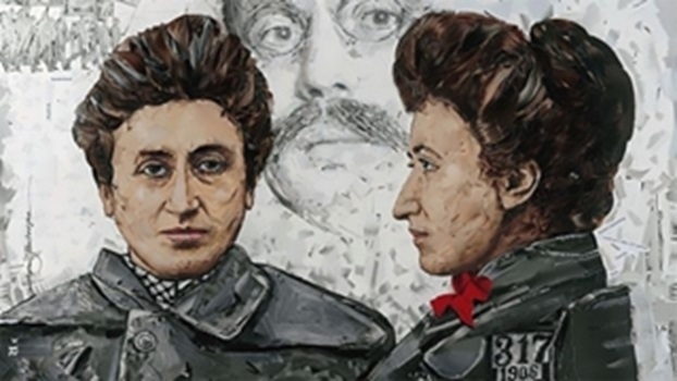 Ein Foto von einen gezeichneten Bild, es ist wohl Rosa Luxemburg zu sehen einmal von vorne und einmal von der Seite