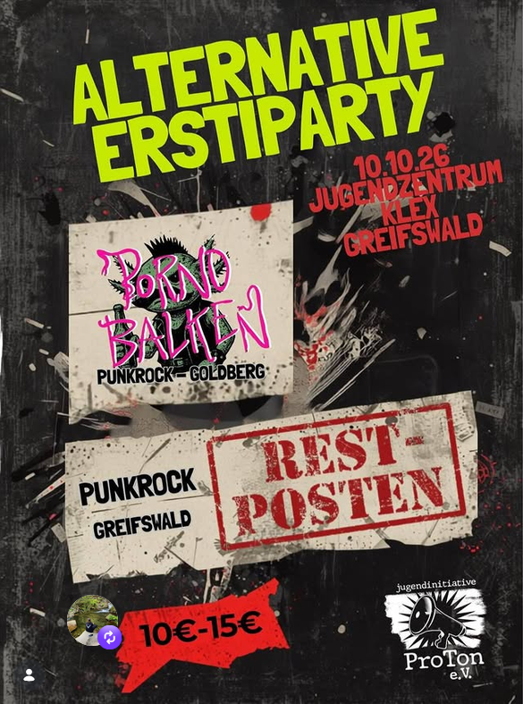 Flyer für die Alternative Erstiparty im Klex mit 2 Punkbands, auf dem Flyer sind die Bandlogos zu sehen, sehr punkige Gestaltung