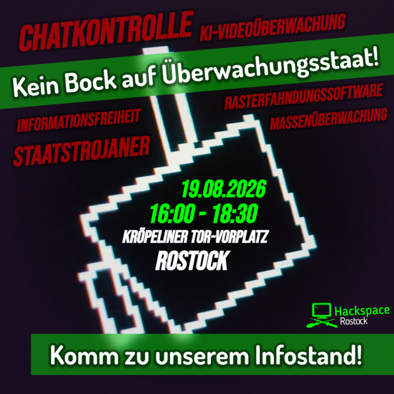 Ein Sharepic von Hackspace HRO mti vielen Schlagwörtern zum Überwachungsstaat. In der Mitte ist eine Kamera verpixelt angedeutet.